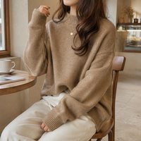 Pull en tricot épais à col rond ample rétro uni pour femme, haut d'automne et d'hiver