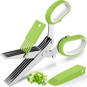 Kitchen Tool Stainless Steel Green Onion Scissors Herb Scissors With 5 Blades And Cover