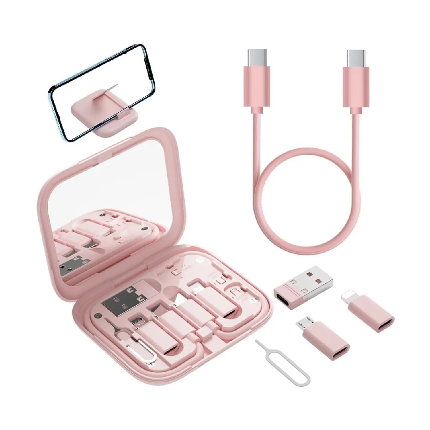 Charging Cable Box Contains Makeup Mirror USB C Cable to Micro USB to type C and A Cell Phone