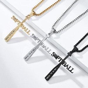 Instagram-worthy sporty <b>titanium</b> steel baseball necklace with gold softball letter pendant, 2026 new style, colorfast jewelry ma - Product Image 2