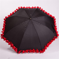Parapluie droit noir de 23 pouces avec poignée décorée de fleurs, en polyester, style américain, pour jardin, fête et défilé de mode
