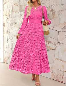 Robe de mode pour femmes européennes et américaines, en dentelle, longueur ras du sol, col en V, ajourée, plissée, manches courtes, unie, brodée, coupe <span class=keywords><strong>Empire</strong></span> - Product Image 4