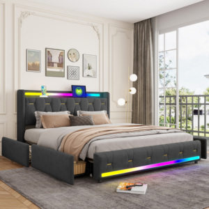 Plateforme <span class=keywords><strong>de</strong></span> <span class=keywords><strong>lit</strong></span> capitonnée en velours avec éclairage LED RGB, haut-parleur Bluetooth et tête <span class=keywords><strong>de</strong></span> <span class=keywords><strong>lit</strong></span> capitonnée pour chambre à coucher - Product Image 5