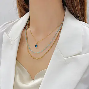SSN109 Бохо синий стеклянный камень многослойное ожерелье позолоченный кулон чокер цепочка блестки богемные ожерелья ювелирные изделия для женщин
