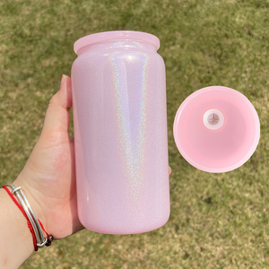 Listo para enviar Rainbow Glitter Blank Sublimation Glass Can <span class=keywords><strong>Soda</strong></span> Pop Beer Iced Coffee 16oz Shimmer Glitter Glass Can con tapa de PP - Product Image 6
