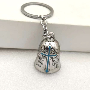 Golden Bell <b>Keychain</b> With Religious Emblem Zinc Alloy Souvenir Pendant Handmade Round Shape - Product Image 3