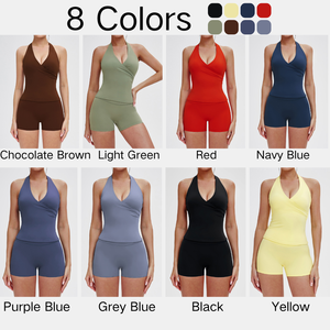 Ensemble de sport tendance pour femme : Haut dos nu à col en V croisé, short taille haute, leggings slim, pantalon large et ample pour le yoga, l'entraînement et la gym - Product Image 6