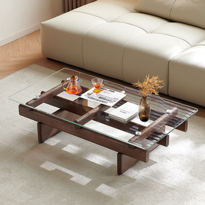 Table basse en bois moderne haut de gamme, durable et écologique, avec plateau en verre rectangulaire noir, pour salon, hôtel, meubles de salon - Product Image 3