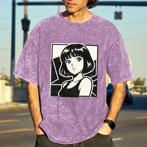 T-shirt Oversize Vintage USA en Coton Délavé à l'Acide avec Imprimé Graphique Fille <span class=keywords><strong>Manga</strong></span> Japonaise Rétro – Style Décontracté Streetwear à Manches Courtes - Product Image 2