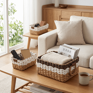 Ensemble de paniers de rangement tressés à la main, écologiques, style moderne minimaliste, 3 poignées en cuir marron, bac organisateur pour la décoration de la maison - Product Image 2
