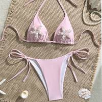 Op maat gemaakte roze bikiniset voor dames, sexy bikini met zeester- en pareldecoratie, halter badpak, strandkleding, badkleding, groothandel