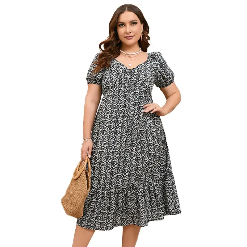 Custom Casual Elegant Style Summer Midi Plus Size Off- Shoulder Chiffon Floral Short Puff Sleeves V-Neck In Stock Women Dress