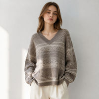 Pull en tricot jacquard à col en V pour femme, motif géométrique coréen, ample, respirant, 400g, manches longues, hiver