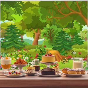 ภาพการ์ตูนป่าไม้สีเขียวพื้นหลังพร้อมดอกไม้วัสดุกระดาษเห็ดสำหรับงานเฉลิมฉลองวันเกิดในฤดูใบไม้ผลิ - Product Image 1