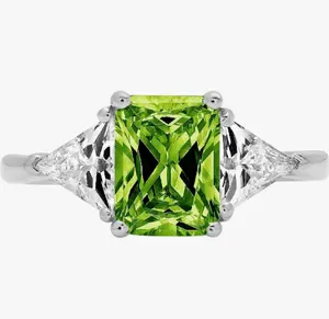 Emerald cut 3 stone Solitaire Accent Genuine Flawless Natural Green Peridot Gemstone Engagement Statement gold rings for women