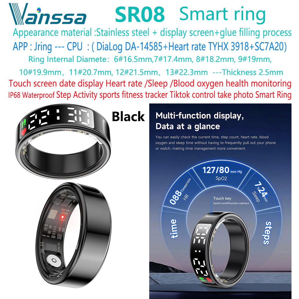 แหวนอัจฉริยะสีดำ SR08-หน้าจอ-สลีป-กีฬา-สุขภาพ
