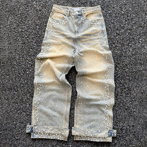 بنطلون جينز رجالي بتصميم ريترو مستقيم على طراز الهيب هوب - جينز دينيم مخصص بالجملة مطبوع بالكامل ومرصع بالأحجار الكريمة بخصر متوسط الارتفاع ومعالج بتقنية الغسيل الحجري وصديق للبيئة - Product Image 2