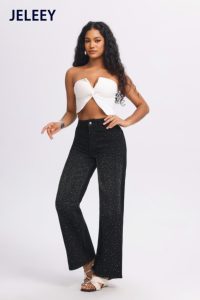 Nouveau jean taille haute à jambes larges amincissant avec strass scintillants - Noir élégant et sophistiqué - Product Image 5