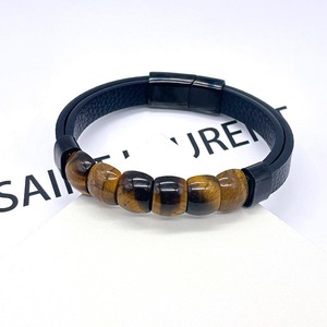 Tiger Eye Bead <b>Bracelet</b> 7.5 8.5 9 Inches <b>Leather</b> Stainless Steel Buckle Men's Vintage Jewelry Gift - Product Image 2