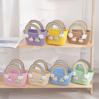 Sac de rangement multifonctionnel moderne en coton tressé écologique avec motif lapin de dessin animé et arc-en-ciel, idéal pour le salon, souvenir de mariage printanier pour fille