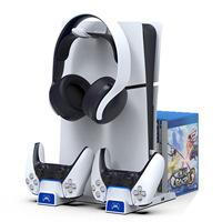PG-P5S009 pour PS5 Slim/PS5 – Support de charge double, rangement de disques, support de casque et socle vertical pour manettes PS5
