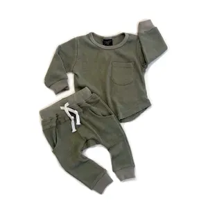 Pasgeboren Baby Wafel Gebreide 2Pcs Outfit Baby Jongens Shirt En Broek Komende Thuis Kleding Sets