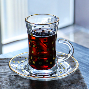 Tazza da caffè in vetro <span class=keywords><strong>di</strong></span> tacchino classica classica placcata in oro moderna tazza da tè in vetro retrò con piattino Set - Product Image 3