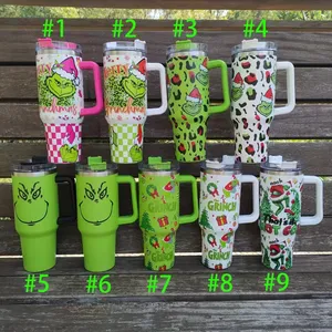 Taza de Navidad de doble pared al vacío de acero inoxidable 40 oz verde Grinch tazas de café de Navidad con pajita y mango