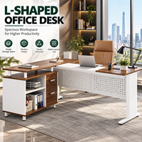 Bureau de direction moderne en forme de L avec armoire de rangement, plateau en bois, structure métallique, table de bureau pour manager avec tiroirs