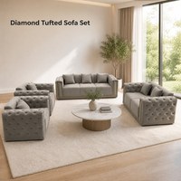 Ensemble de canapés en velours de luxe 3+2+1+1, canapé Chesterfield en velours premium avec capitonnage à clips dorés, accoudoirs à cadre doré, meubles de salon