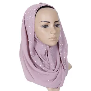 Arab Muslim Pearled Chiffon Hijab Scarf Head Wrap with Glittering Rhinestones for Women