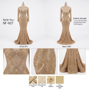 Robe de soirée sirène moderne en satin or champagne avec corsage en treillis et broderie de cristaux motif éventail, élégante - Product Image 1