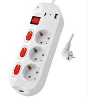 Prise multiple allemande, 3 voies, 16A, 230V~, avec protection enfant, interrupteurs individuels et interrupteur principal USB (1A+1C)