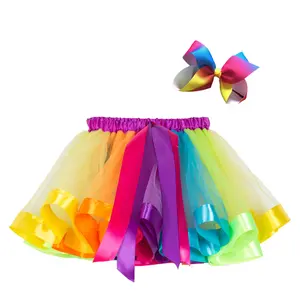 Thiết Kế Mới Trẻ Em Hiệu Suất Fluffy Váy Mùa Hè Trang Phục Cầu Vồng Kid Đảng Tutu Váy Với Tóc Phụ Kiện