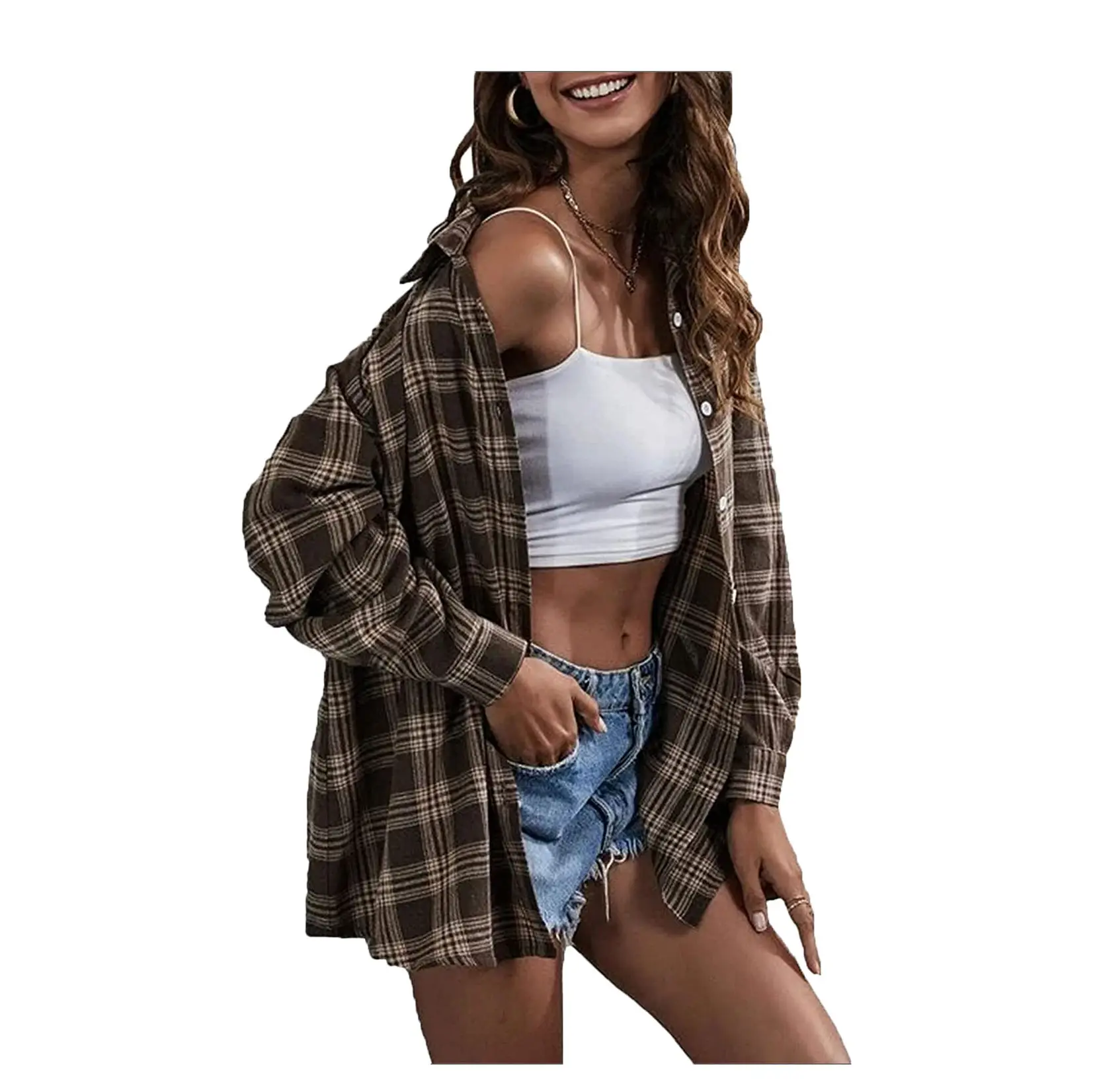 Women's Flannel Plaid Shirts Button Down Regular Fit Long Sleeve Casual Shirts Pure Cotton Oversized Blouse
