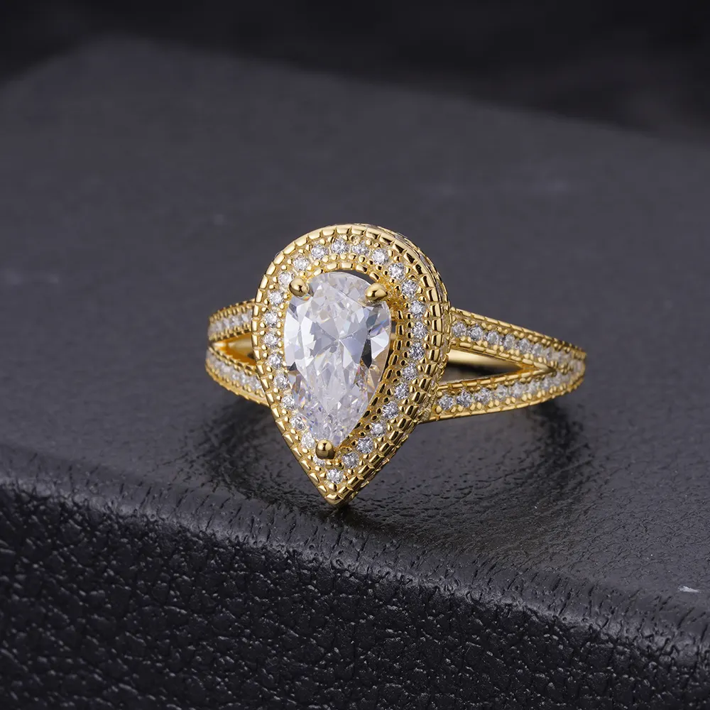 Anel de noivado para mulheres, atacado personalizado em forma de pear 925 prata latão banhado a ouro zircônia cúbica anel de noivado