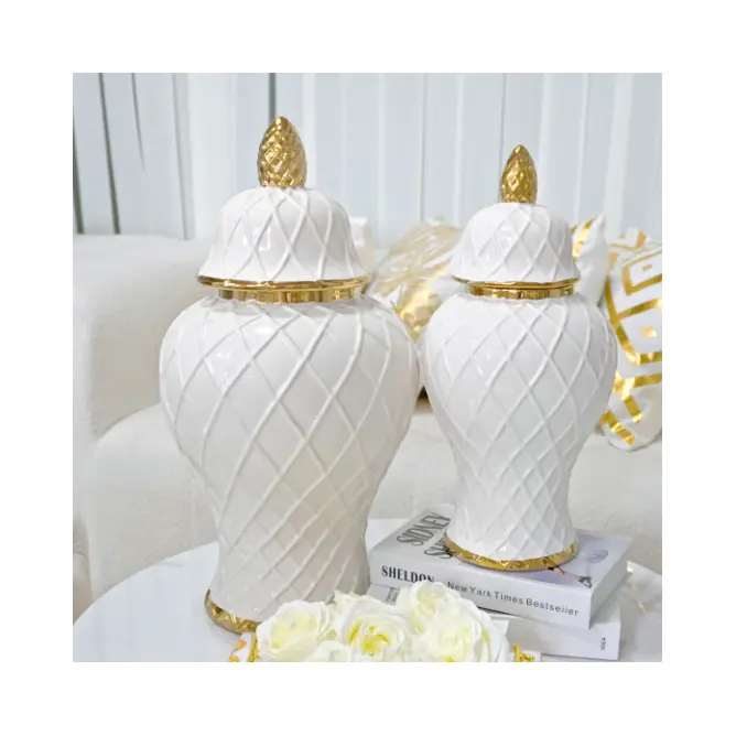 Fábrica atacado casa hotel decoração grade design branco com ouro gengibre jar vaso cerâmico com tampa 2 tamanho