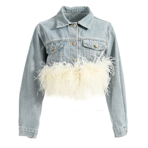 QFZ566 - Manteau en jean à manches longues pour femme, style décontracté printemps-automne, avec poignets en plumes et fourrure, pour l'extérieur - Product Image 1