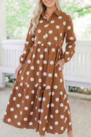 Nouvelle Robe Midi Décontractée et Élégante pour Femme, Taille Haute, Coupe Trapèze, Imprimé Pois, Col Revers, Manches Longues, Ample, Collection Automne, Vente en Gros