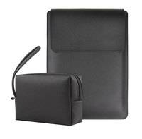 Funda Negra para Portátil con Bolsa para Cable de Alimentación, Unisex, para Oficina, Porta Laptop de Cuero PU de 14, 15 y 15.6 Pulgadas con Soporte y Bolsa Interior