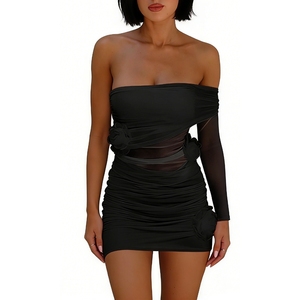 เดรสมินิเดรสแขนตาข่ายรัดรูปสำหรับผู้หญิง - ชุดเดรสปาร์ตี้ประดับดอกไม้ 3 มิติ แฟชั่น - Product Image 3