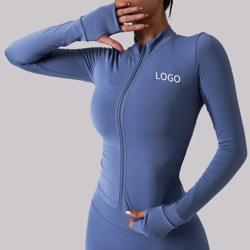 Leggero Slim Fit donna manica lunga Full Zip Up sport Yoga top elastico palestra allenamento Running Track giacche con fori per il pollice