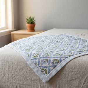 Ridhi Organic Coastal Blue Hand Block Print Eco-Friendly 100% Cotton <b>Quilted</b> Blanket Luxury Oversized - Product Image 3