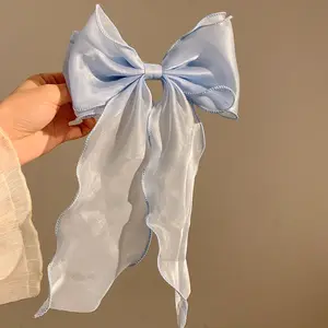 Soft Organza Large Satin Bow Hair Pins Clips Elegant Hair Accessories Wedding Long Silk Ribbon Hair Bow Woman Barrettes