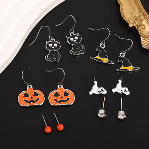 Ensemble de boucles d'oreilles en alliage Halloween, pendentifs citrouille, crâne, fantôme, bijoux pour femmes, accessoire de fête - Product Image 1