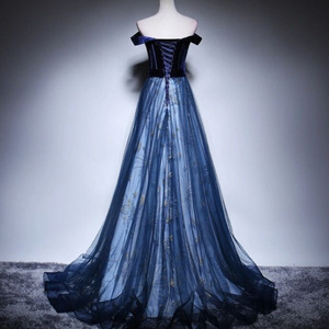 Evening Gown Women Long Navy Blue Off The Shoulder Empire Waist Tulle Dress Elegant Performance Trailing Gown - Product Image 2