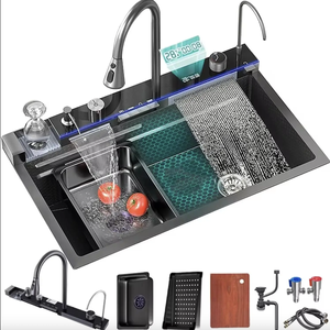 Évier de cuisine à cascade CN Smart 304 en acier inoxydable noir à DEL avec lave-gobelet multifonction - Product Image 1