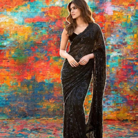 Blus Saree Jaring Nilon Vintage Hitam dengan Payet, Pakaian India Wanita, Desain Gambar Tangan, Cepat Kering, Anti Kusut, untuk Pesta dan Pernikahan