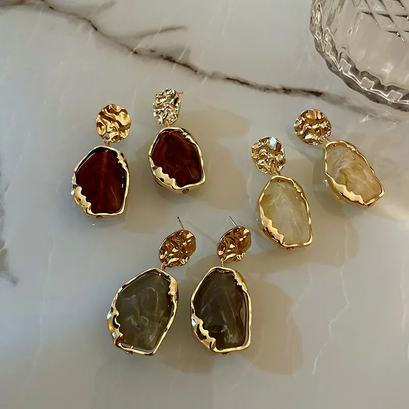 Hot Sale Gold Plated Geometric Stud Ear Ring Vintage Earrings Women Personality 925 Silver Post Acrylic Earrings Resin Jewelry