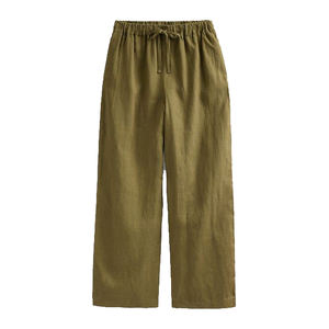 Latest Trending Deep Green <b>Linen</b> Drawstring Leggings for <b>Women</b> <b>Loose</b> Fit Long Logo Decoration Classic FLAT XL Breathable Casual - Product Image 1